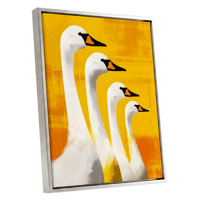 Sunlit Swan Line-Up, white, black, yellow nature wall art shown as a silver framed canvas wall art