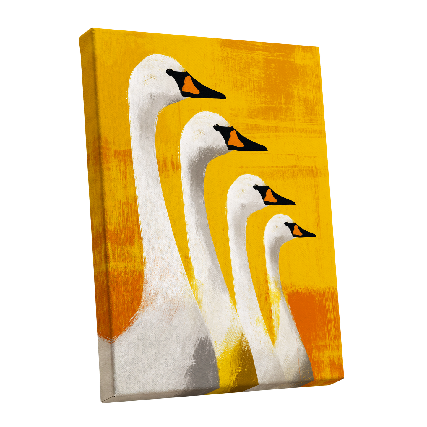 Sunlit Swan Line-Up, white, black, yellow nature wall art shown as a stretched canvas wall art