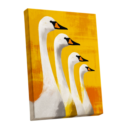 Sunlit Swan Line-Up, white, black, yellow nature wall art shown as a stretched canvas wall art