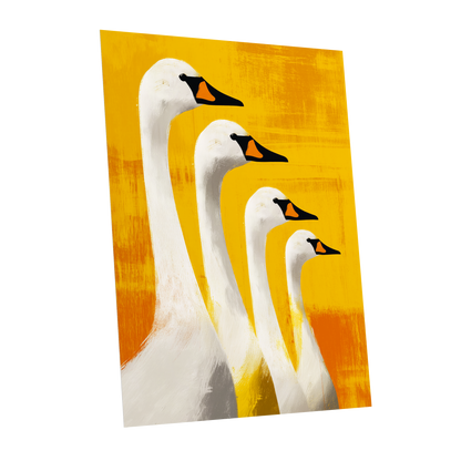 Sunlit Swan Line-Up, white, black, yellow nature wall art shown as a unframed poster wall art print