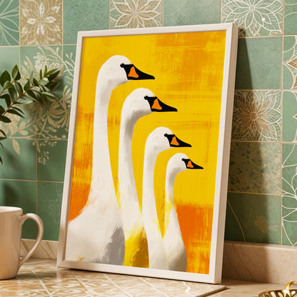Sunlit Swan Line-Up, white, black, yellow nature wall art displayed in a styled interior, gallery view 2