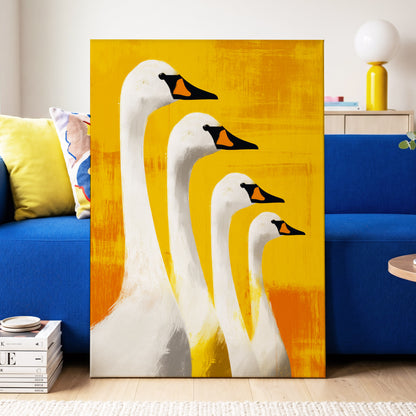 Sunlit Swan Line-Up, white, black, yellow nature wall art displayed in a styled interior, gallery view 3