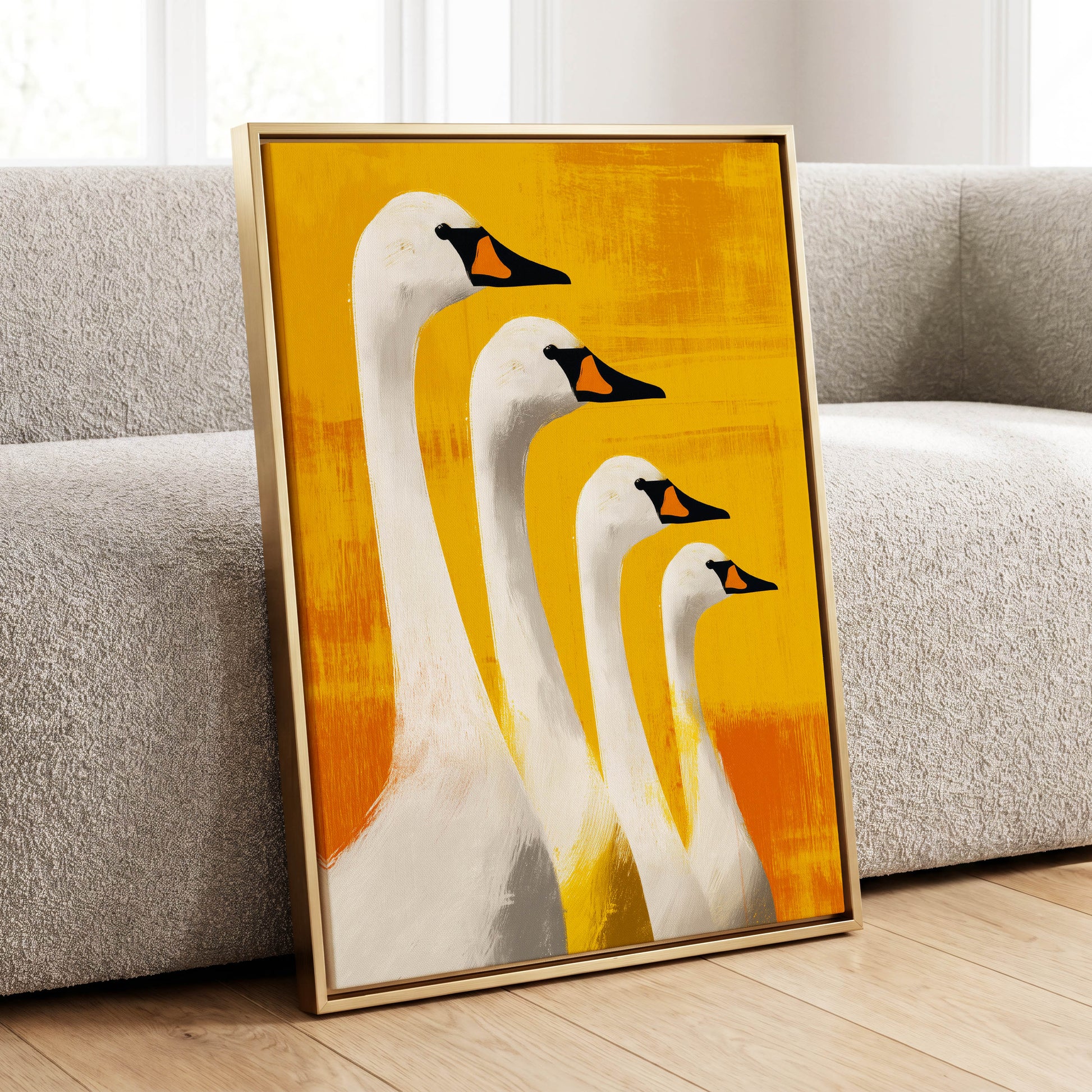 Sunlit Swan Line-Up, white, black, yellow nature wall art displayed in a styled interior, gallery view 4