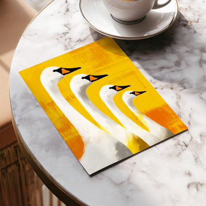 Sunlit Swan Line-Up, white, black, yellow nature wall art displayed in a styled interior, gallery view 5