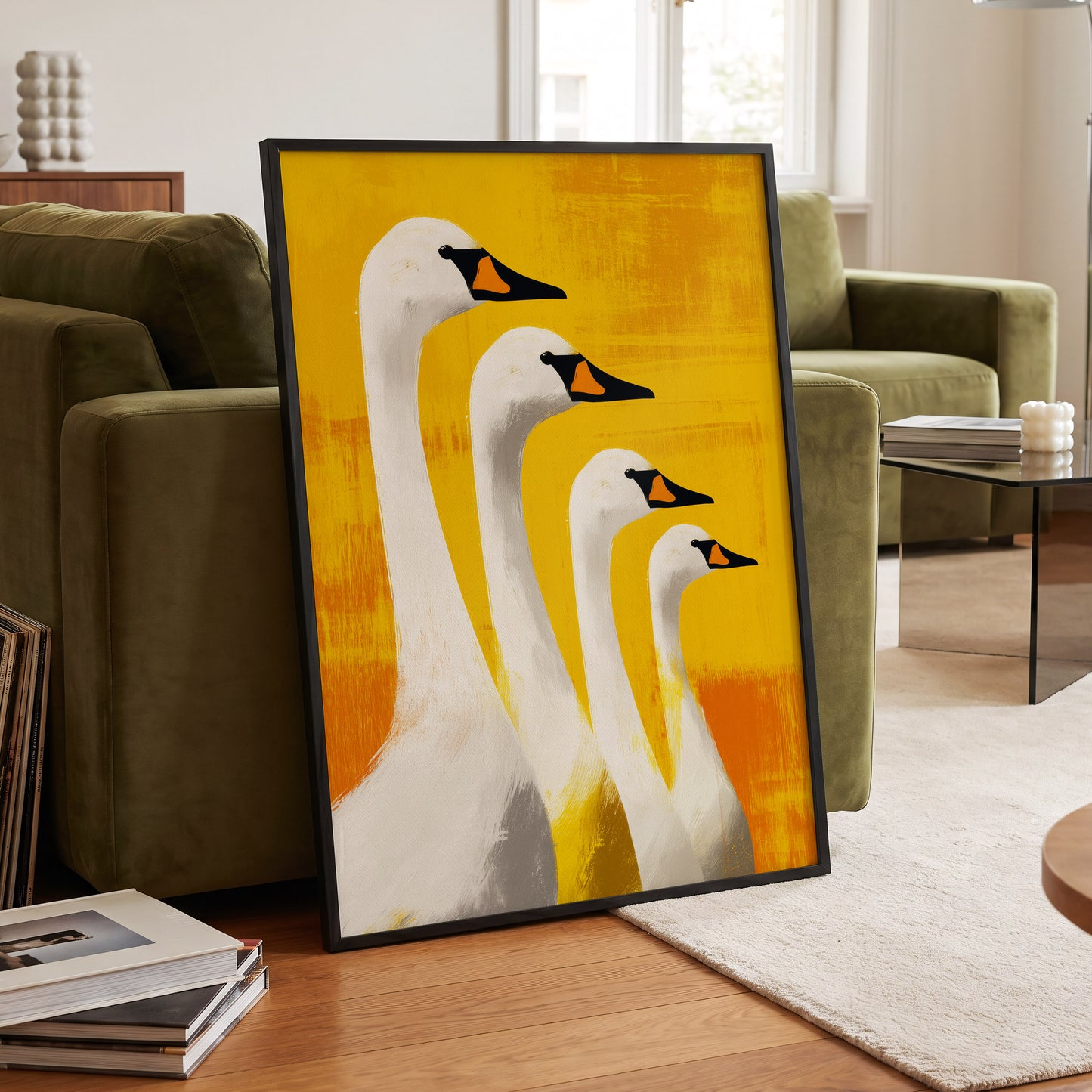 Sunlit Swan Line-Up, white, black, yellow nature wall art displayed in a styled interior, gallery view 6