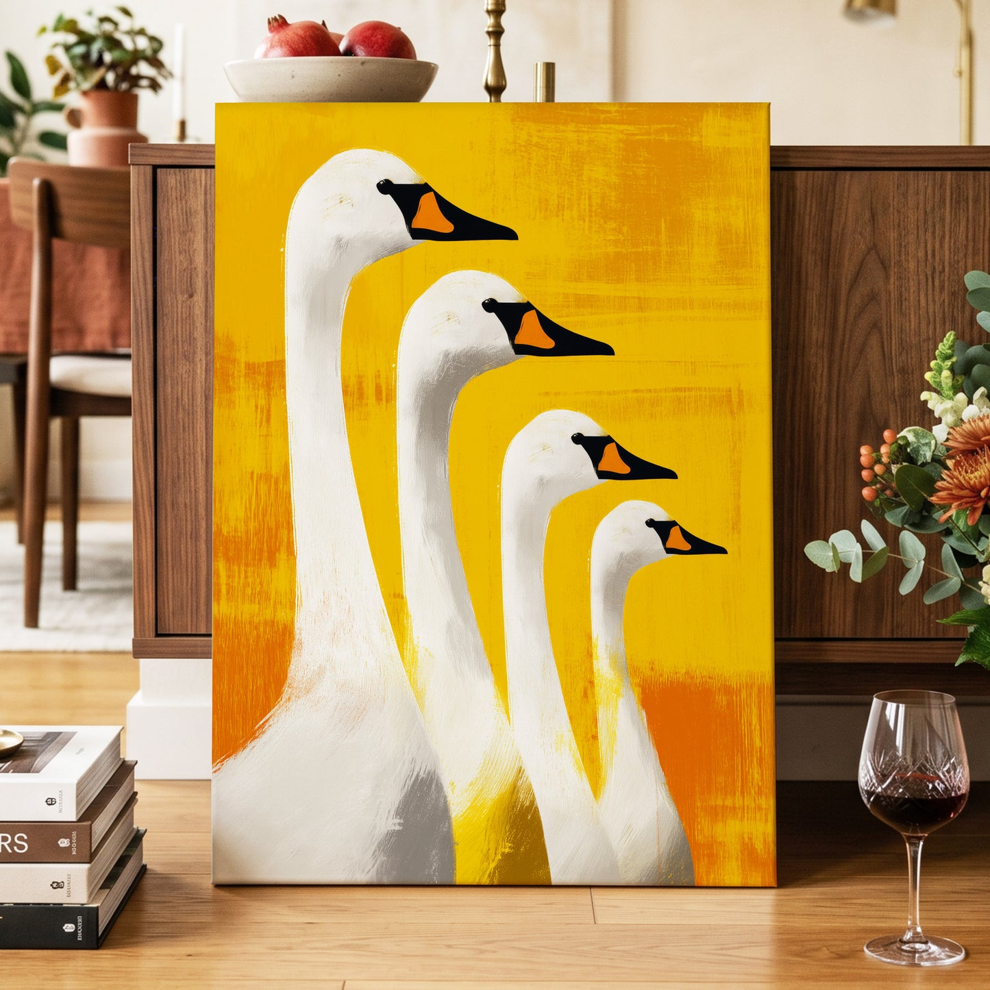 Sunlit Swan Line-Up, white, black, yellow nature wall art displayed in a styled interior, gallery view 7