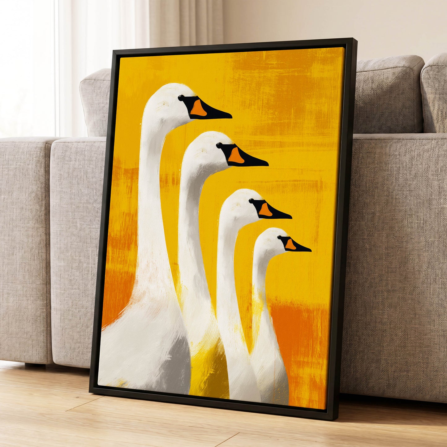 Sunlit Swan Line-Up, white, black, yellow nature wall art displayed in a styled interior, gallery view 8