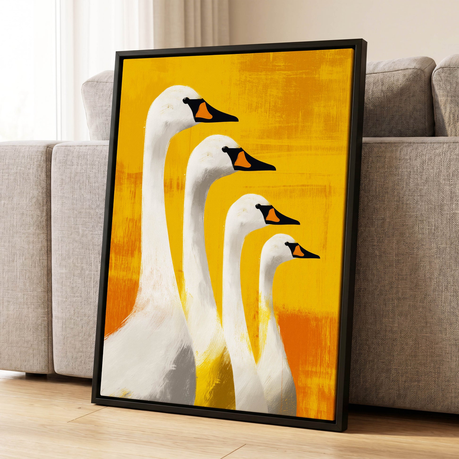 Sunlit Swan Line-Up, white, black, yellow nature wall art displayed in a styled interior, gallery view 8