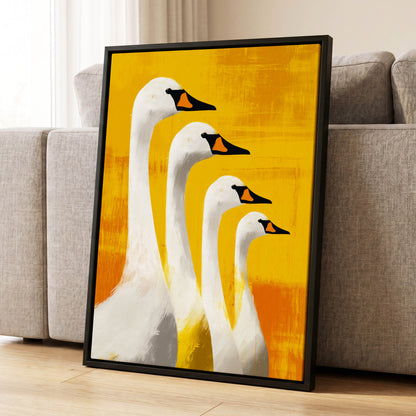 Sunlit Swan Line-Up, white, black, yellow nature wall art displayed in a styled interior, gallery view 8