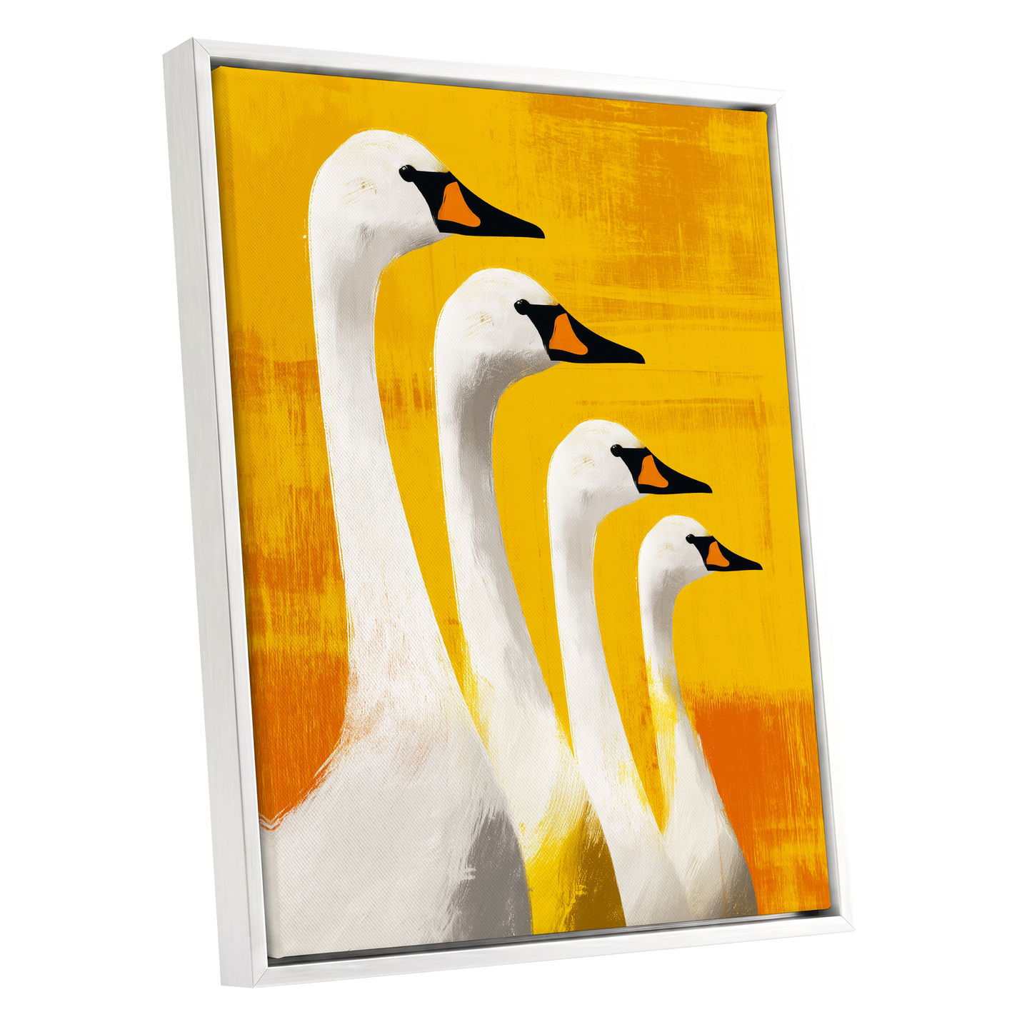 Sunlit Swan Line-Up, white, black, yellow nature wall art shown as a white framed canvas wall art