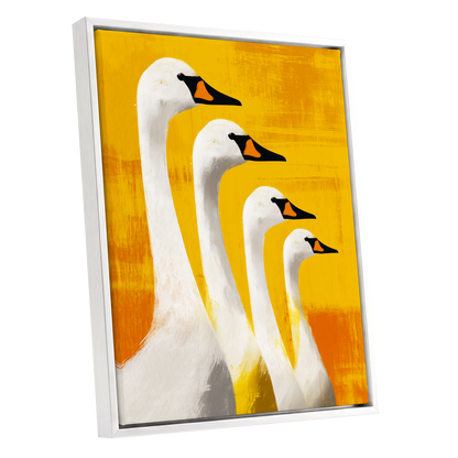 Sunlit Swan Line-Up, white, black, yellow nature wall art shown as a white framed canvas wall art
