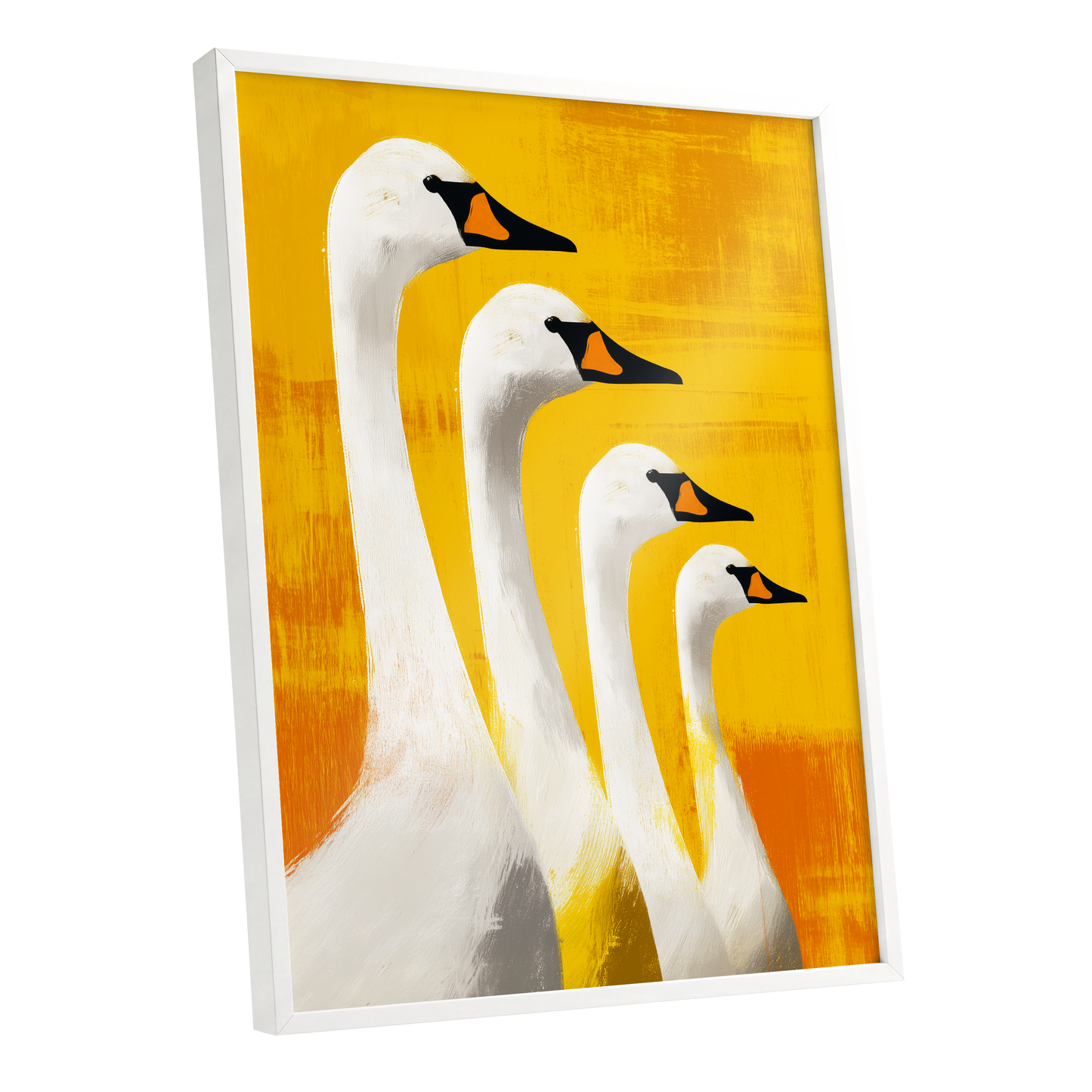 Sunlit Swan Line-Up, white, black, yellow nature wall art shown as a white framed poster wall art print