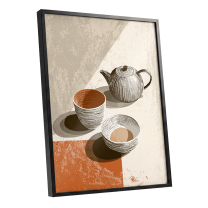 Sunlit Tea Ritual, beige, white, brown minimalist wall art shown as a black framed poster wall art print
