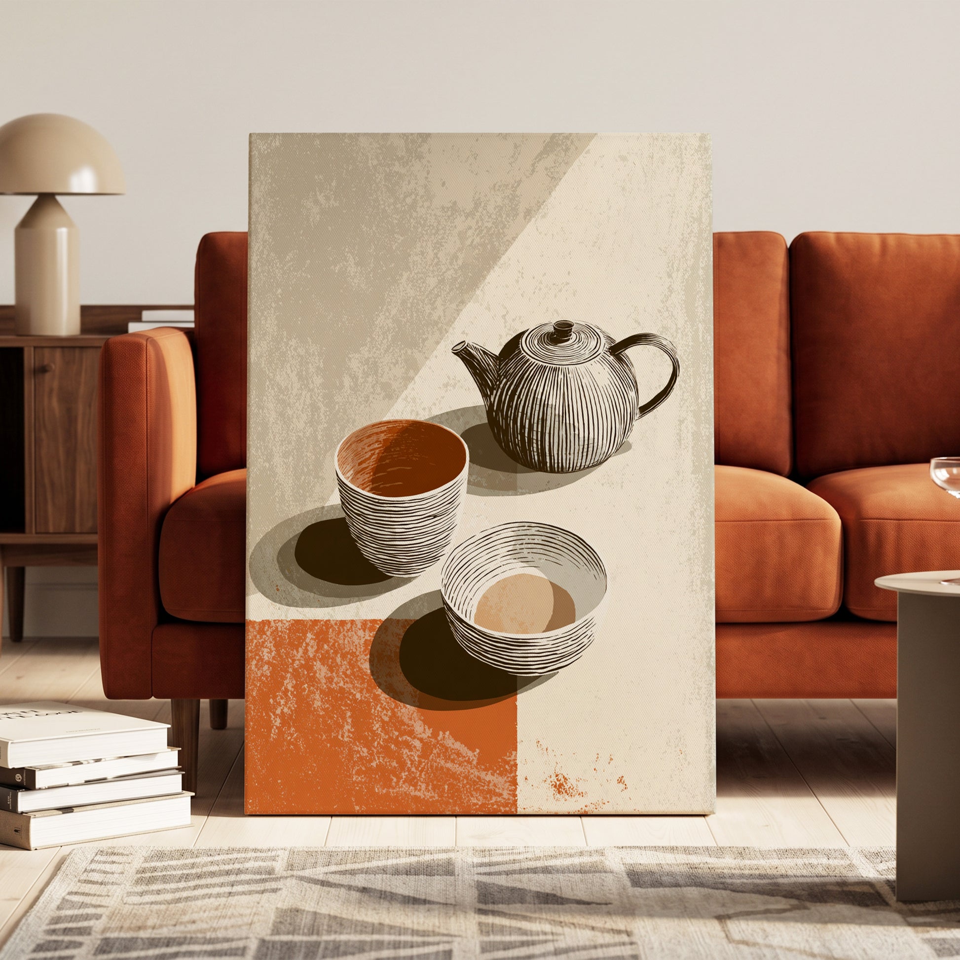 Sunlit Tea Ritual, beige, white, brown minimalist wall art on canvas displayed in a styled interior, gallery view 1