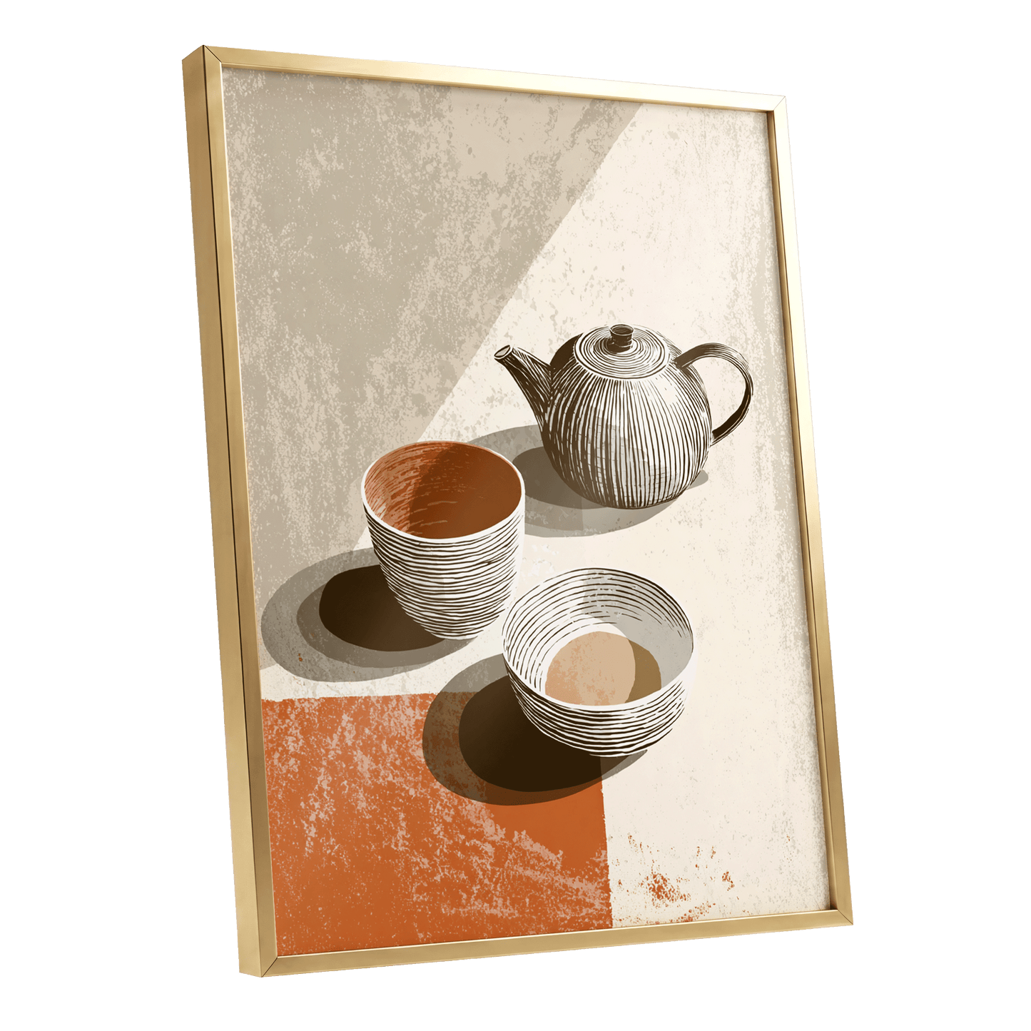 Sunlit Tea Ritual, beige, white, brown minimalist wall art shown as a gold framed poster wall art print