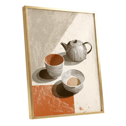Sunlit Tea Ritual, beige, white, brown minimalist wall art shown as a gold framed poster wall art print