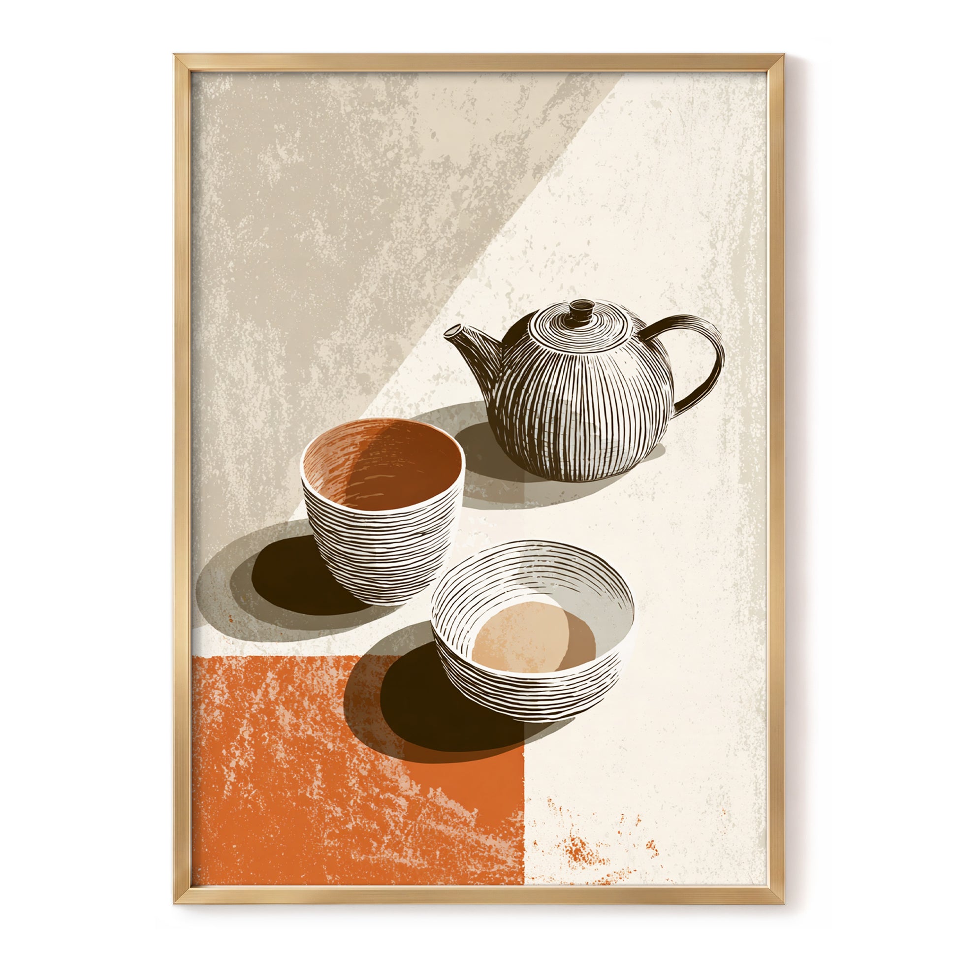 Sunlit Tea Ritual, beige, white, brown minimalist wall art, front artwork view
