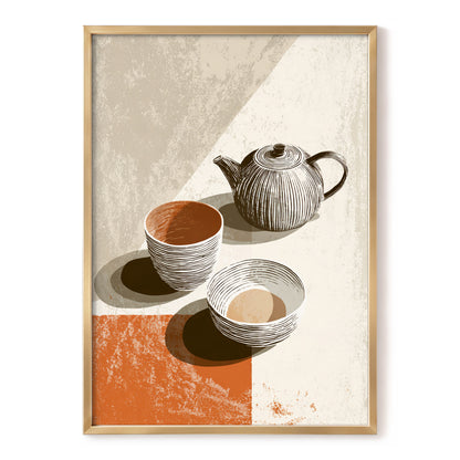 Sunlit Tea Ritual, beige, white, brown minimalist wall art, front artwork view
