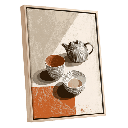 Sunlit Tea Ritual, beige, white, brown minimalist wall art shown as a oak framed canvas wall art