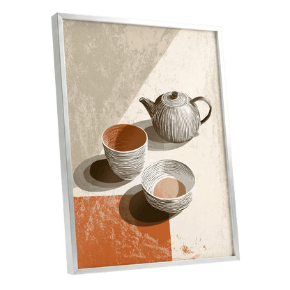 Sunlit Tea Ritual, beige, white, brown minimalist wall art shown as a silver framed poster wall art print