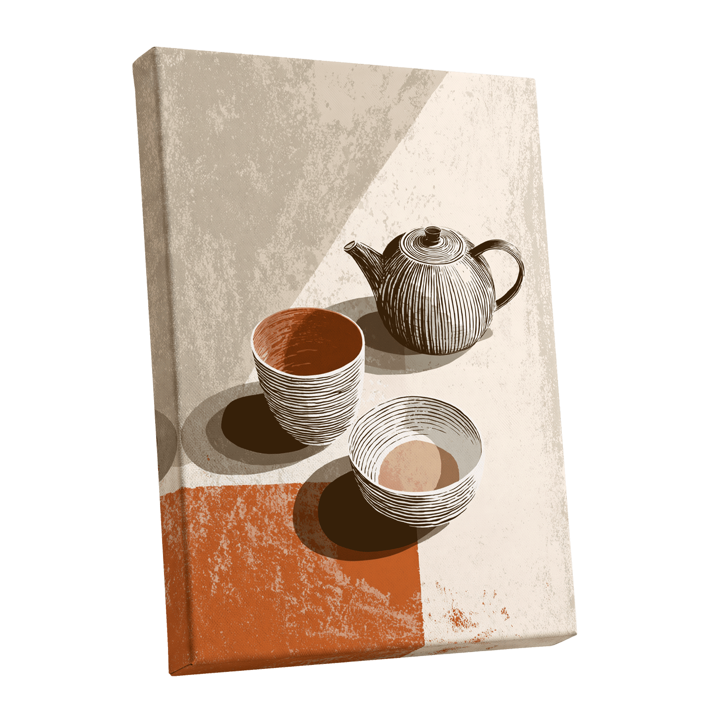 Sunlit Tea Ritual, beige, white, brown minimalist wall art shown as a stretched canvas wall art