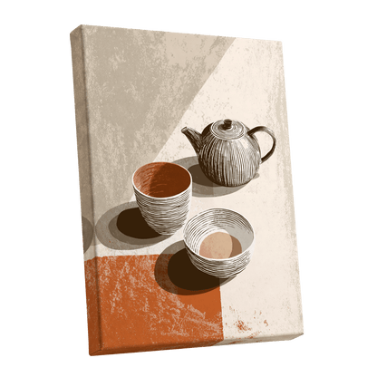 Sunlit Tea Ritual, beige, white, brown minimalist wall art shown as a stretched canvas wall art