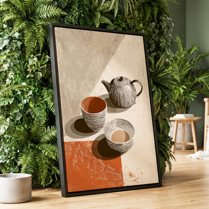 Sunlit Tea Ritual, beige, white, brown minimalist wall art displayed in a styled interior, gallery view 1