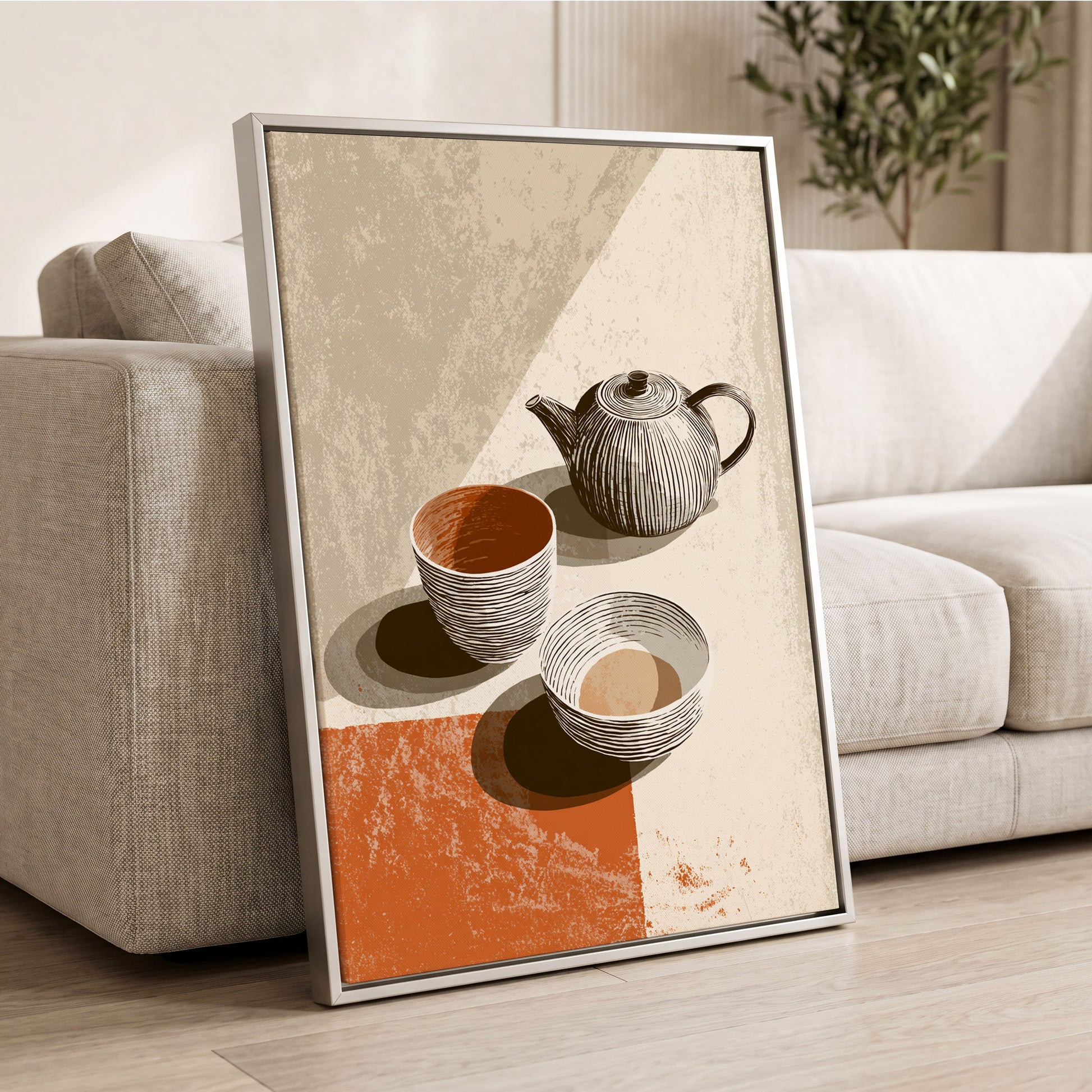 Sunlit Tea Ritual, beige, white, brown minimalist wall art displayed in a styled interior, gallery view 2