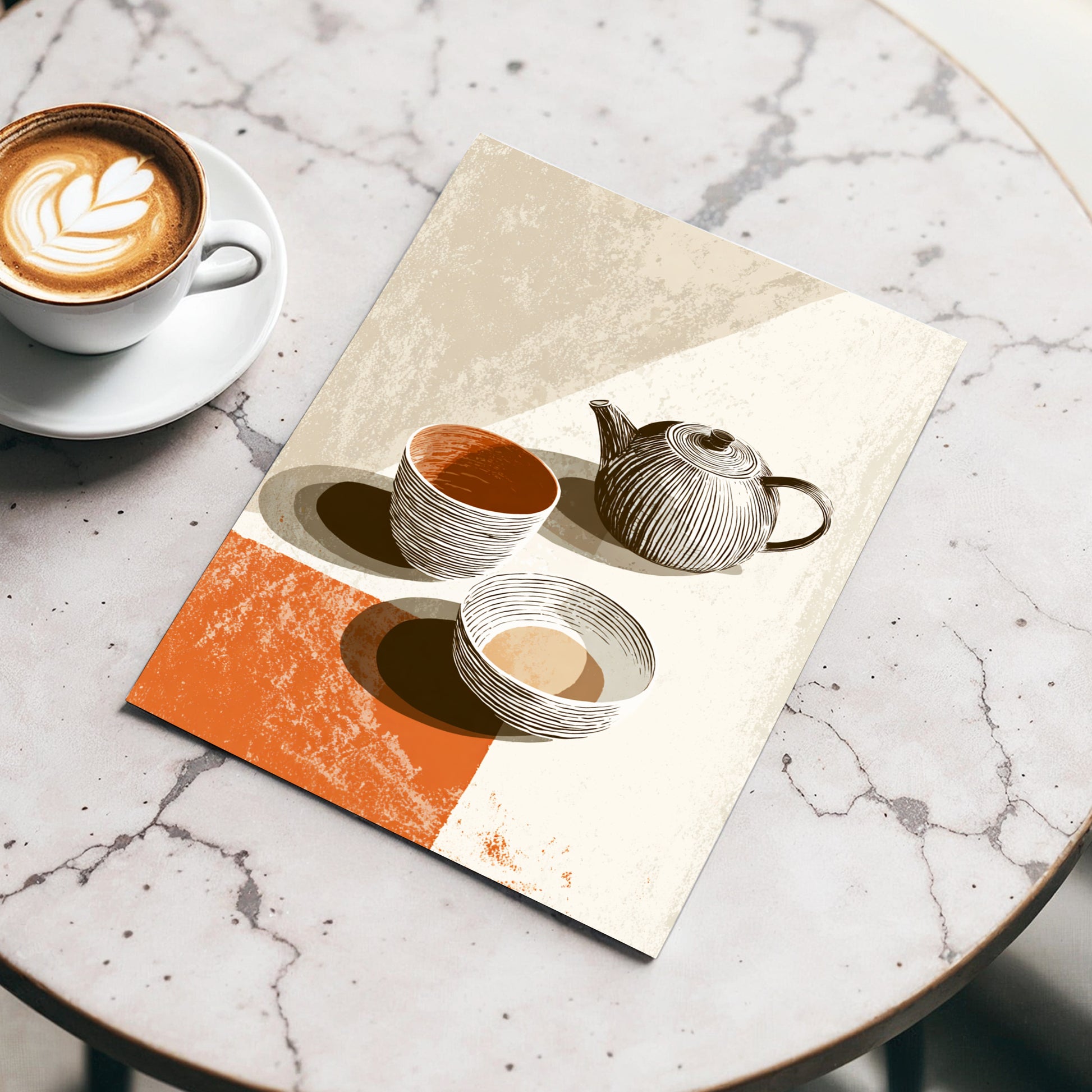 Sunlit Tea Ritual, beige, white, brown minimalist wall art displayed in a styled interior, gallery view 3