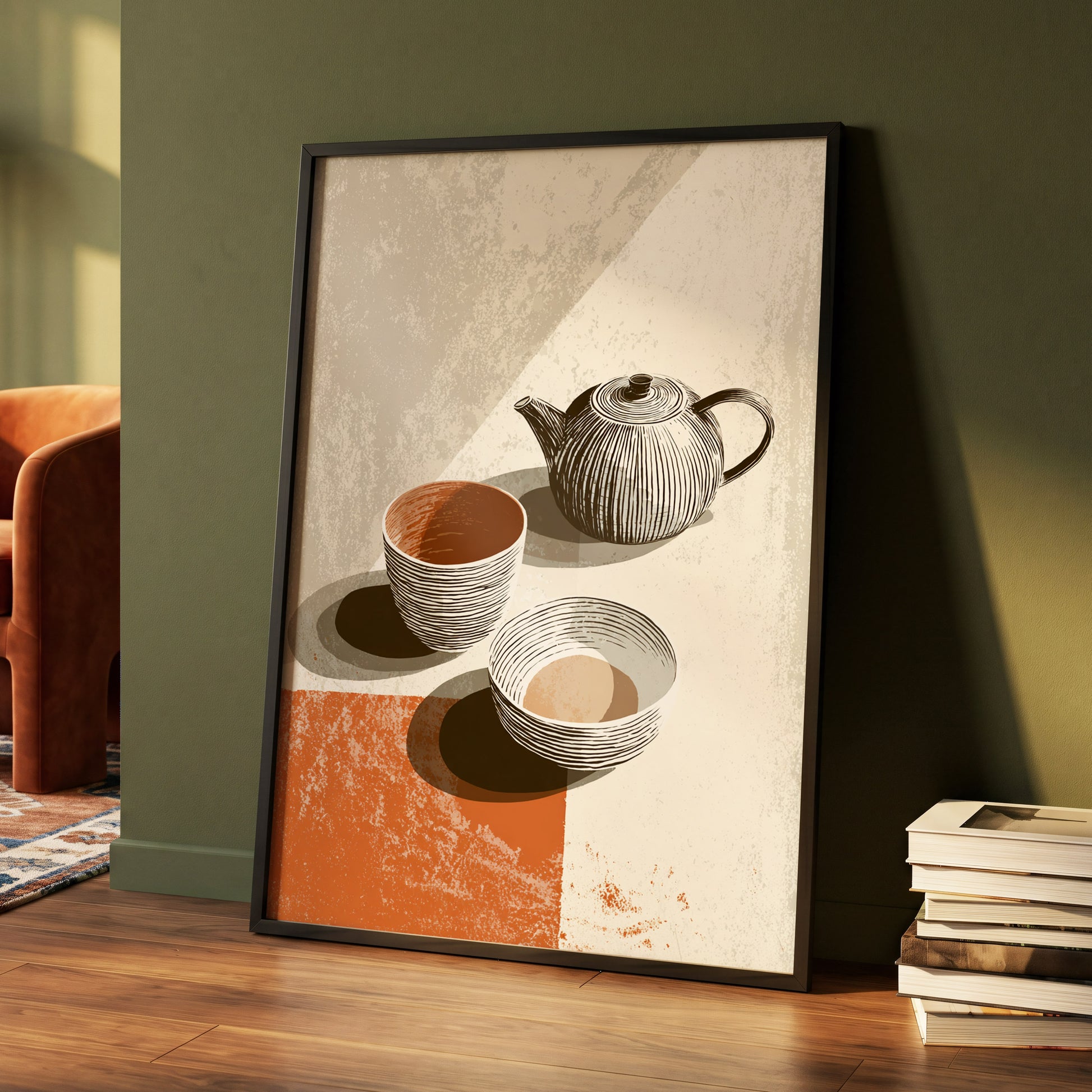 Sunlit Tea Ritual, beige, white, brown minimalist wall art displayed in a styled interior, gallery view 4