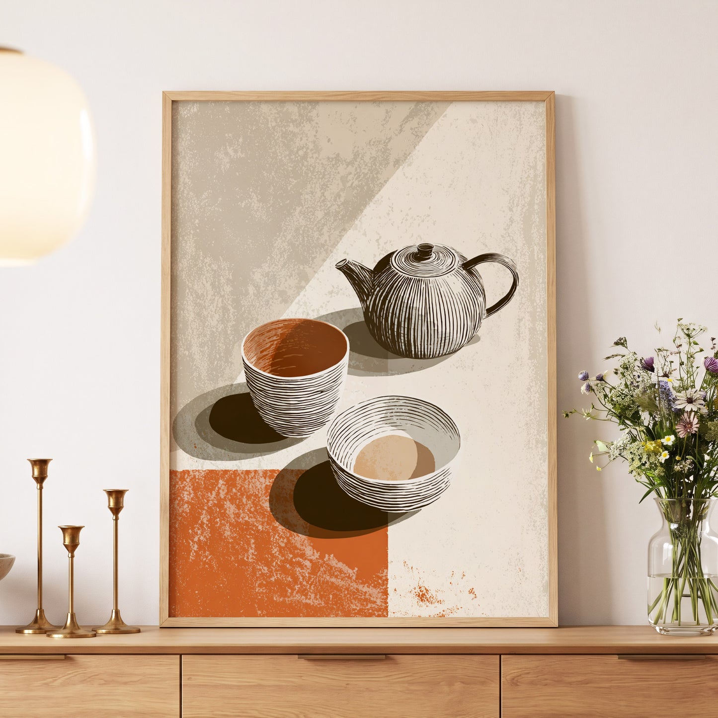 Sunlit Tea Ritual, beige, white, brown minimalist wall art displayed in a styled interior, gallery view 5