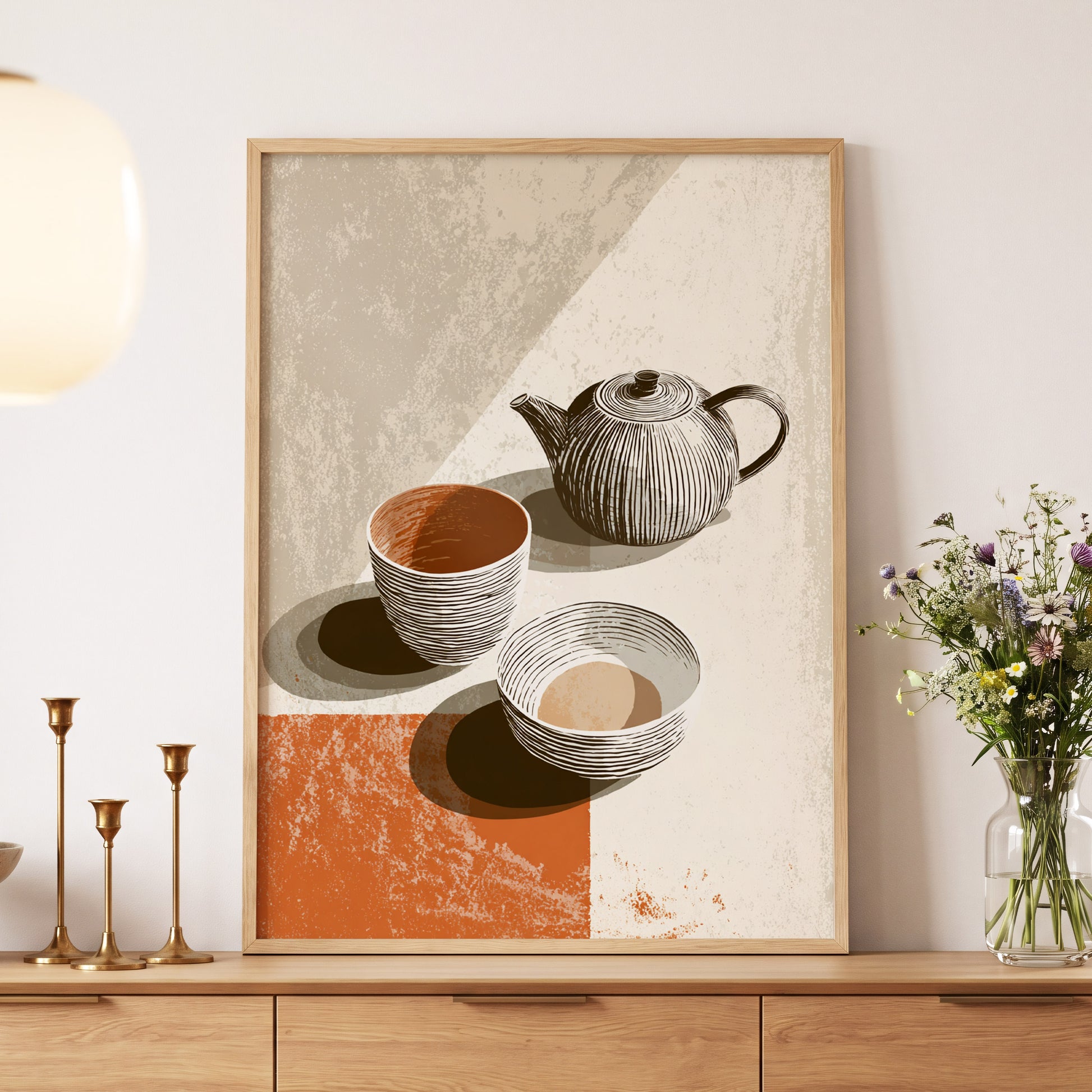 Sunlit Tea Ritual, beige, white, brown minimalist wall art displayed in a styled interior, gallery view 5