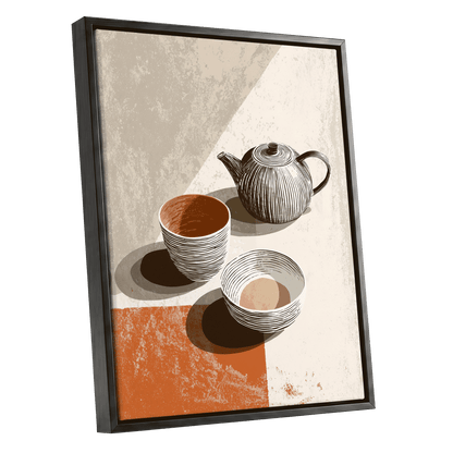 Sunlit Tea Still Life, beige, white, brown minimalist wall art shown as a black framed canvas wall art