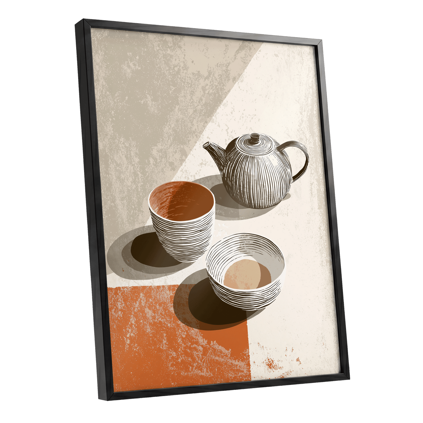 Sunlit Tea Still Life, beige, white, brown minimalist wall art shown as a black framed poster wall art print