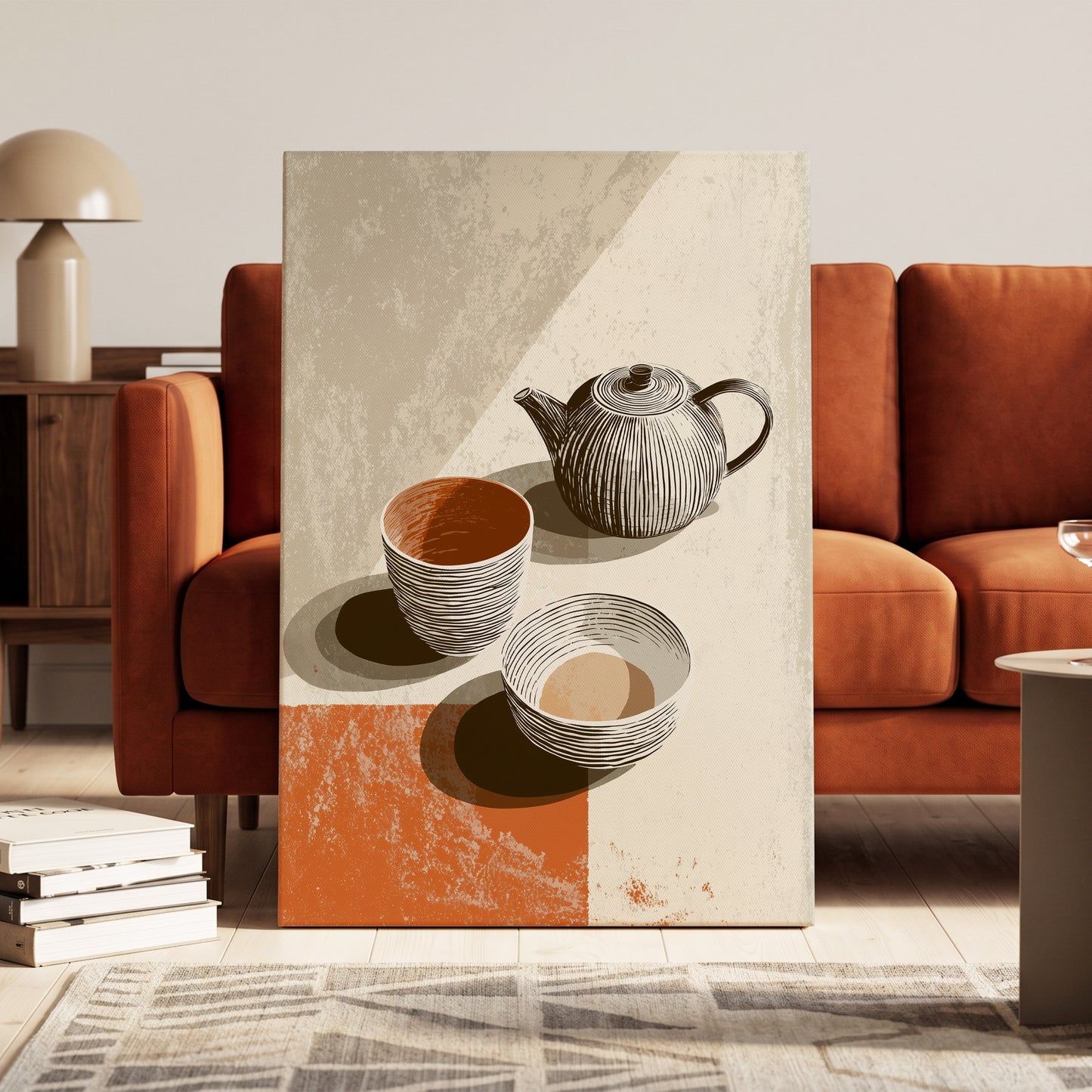Sunlit Tea Still Life, beige, white, brown minimalist wall art on canvas displayed in a styled interior, gallery view 1