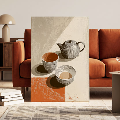 Sunlit Tea Still Life, beige, white, brown minimalist wall art on canvas displayed in a styled interior, gallery view 1