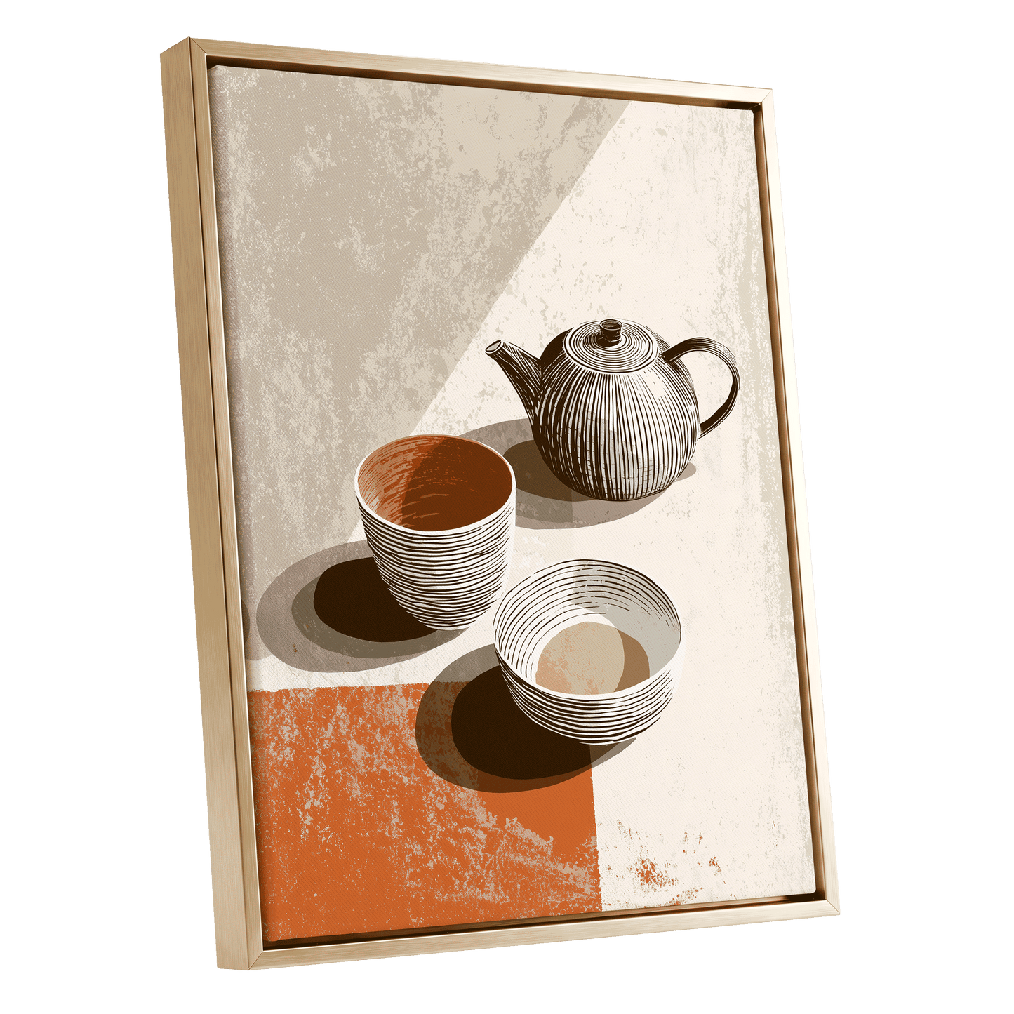 Sunlit Tea Still Life, beige, white, brown minimalist wall art shown as a gold framed canvas wall art