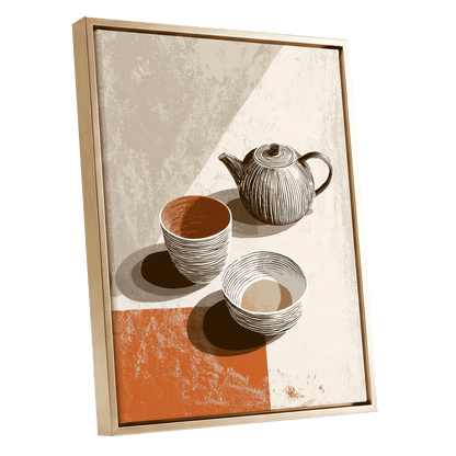Sunlit Tea Still Life, beige, white, brown minimalist wall art shown as a gold framed canvas wall art