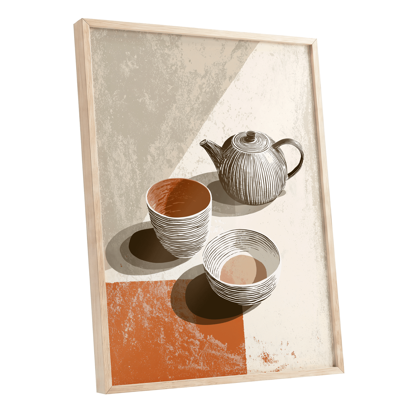 Sunlit Tea Still Life, beige, white, brown minimalist wall art shown as a oak framed poster wall art print