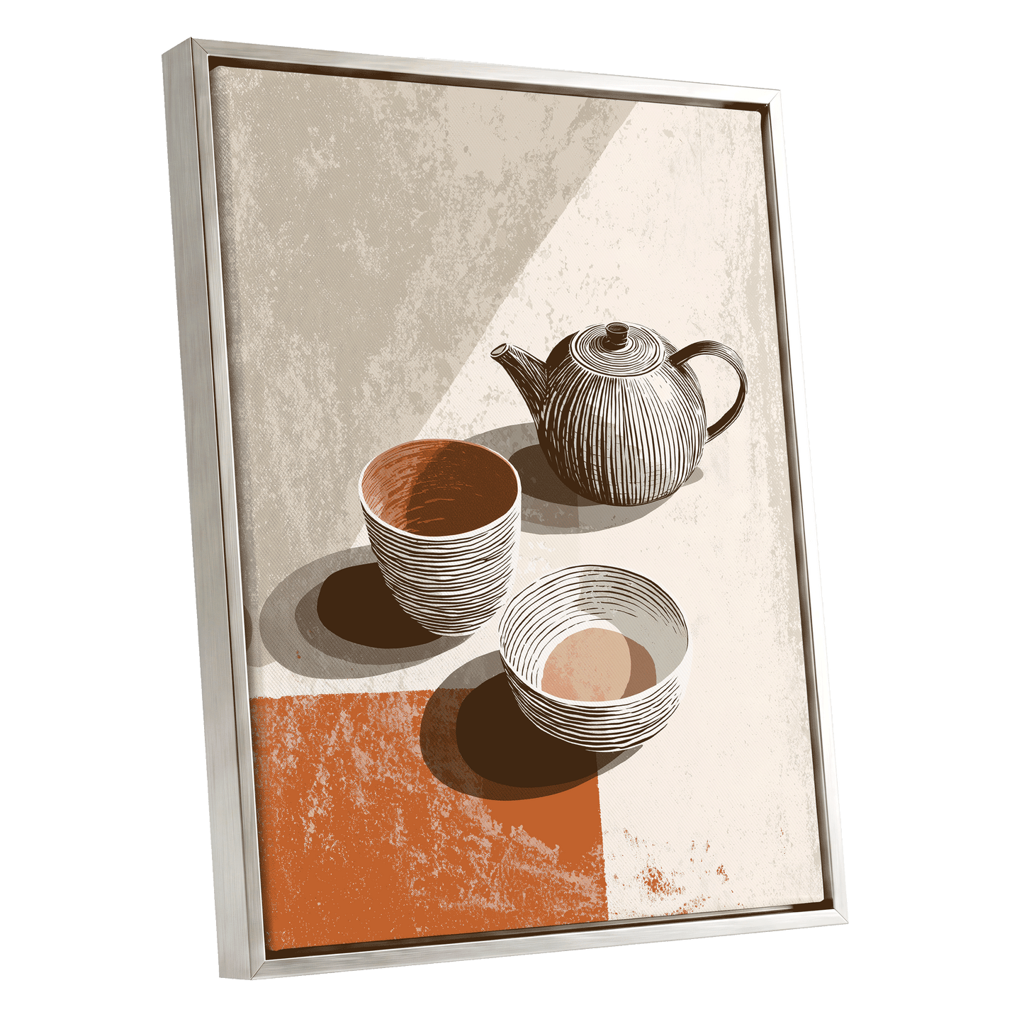 Sunlit Tea Still Life, beige, white, brown minimalist wall art shown as a silver framed canvas wall art