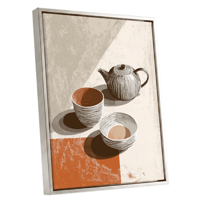 Sunlit Tea Still Life, beige, white, brown minimalist wall art shown as a silver framed canvas wall art