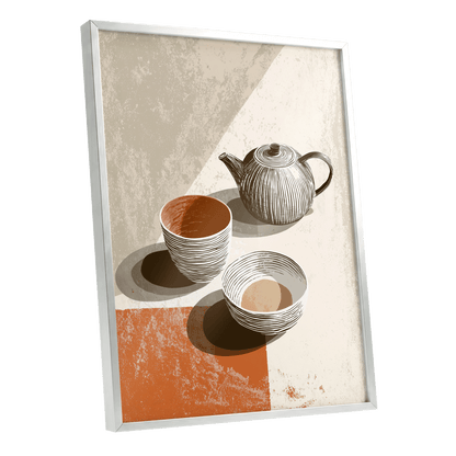 Sunlit Tea Still Life, beige, white, brown minimalist wall art shown as a silver framed poster wall art print