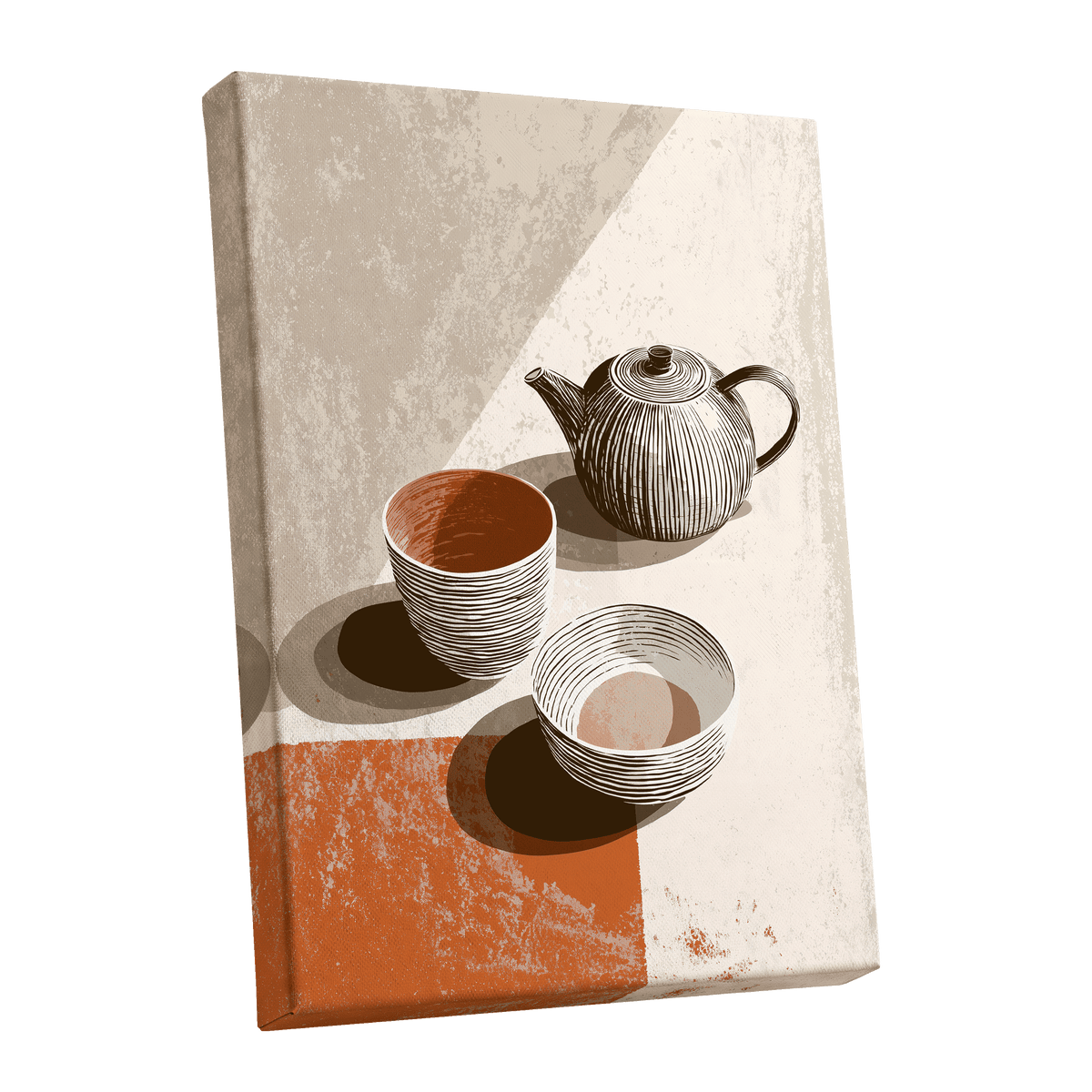 Sunlit Tea Still Life, beige, white, brown minimalist wall art shown as a stretched canvas wall art