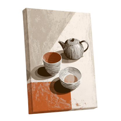 Sunlit Tea Still Life, beige, white, brown minimalist wall art shown as a stretched canvas wall art
