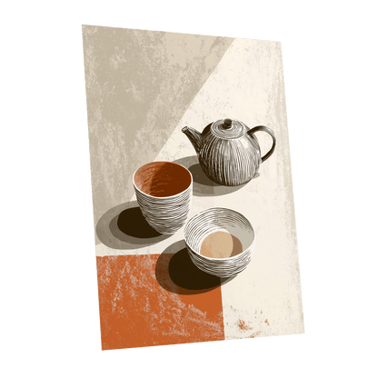 Sunlit Tea Still Life, beige, white, brown minimalist wall art shown as a unframed poster wall art print