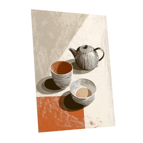 Sunlit Tea Still Life, beige, white, brown minimalist wall art shown as a unframed poster wall art print