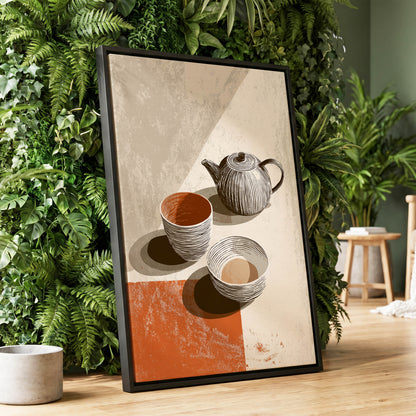 Sunlit Tea Still Life, beige, white, brown minimalist wall art displayed in a styled interior, gallery view 1