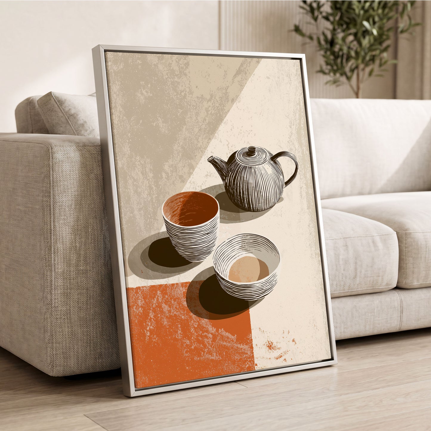 Sunlit Tea Still Life, beige, white, brown minimalist wall art displayed in a styled interior, gallery view 2