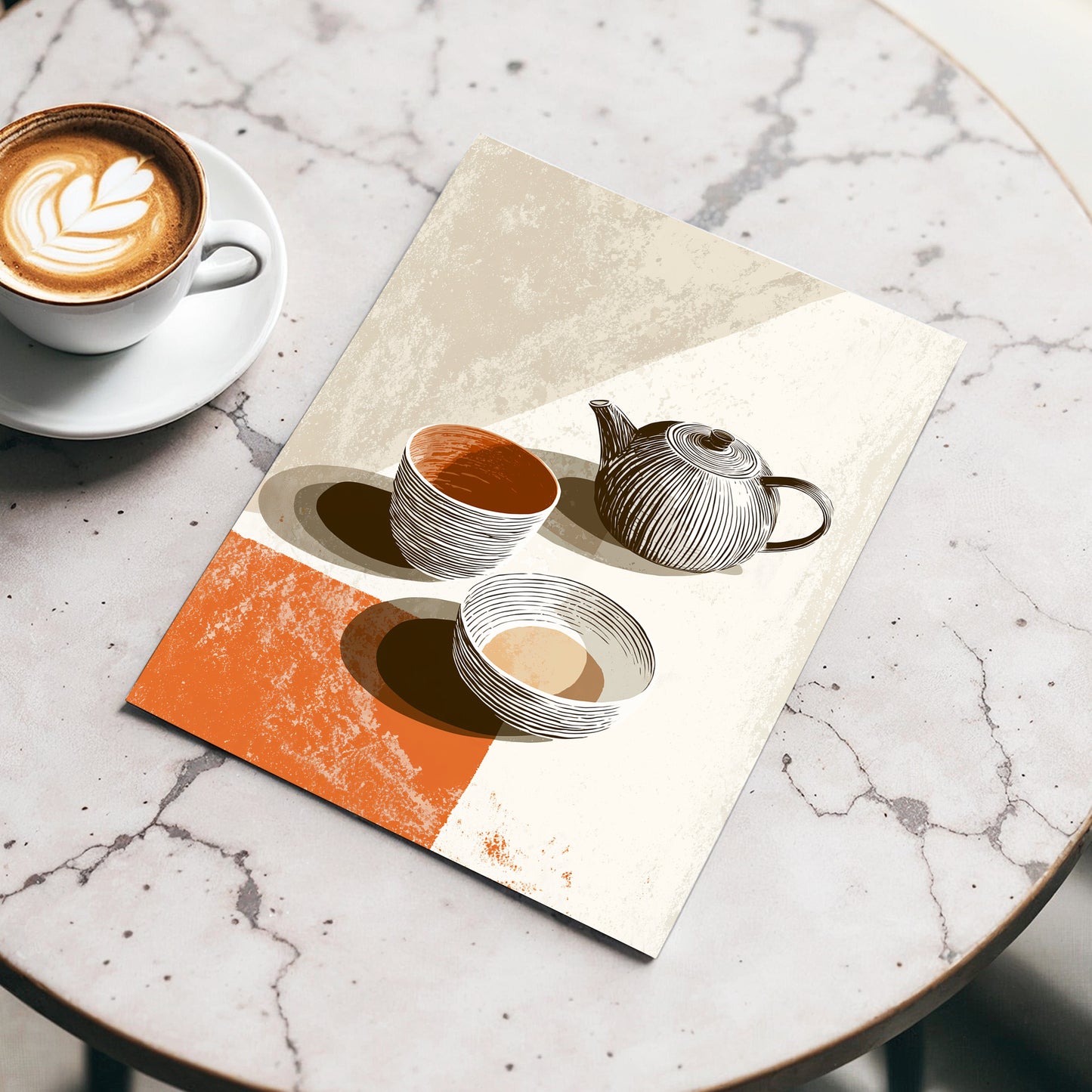 Sunlit Tea Still Life, beige, white, brown minimalist wall art displayed in a styled interior, gallery view 3