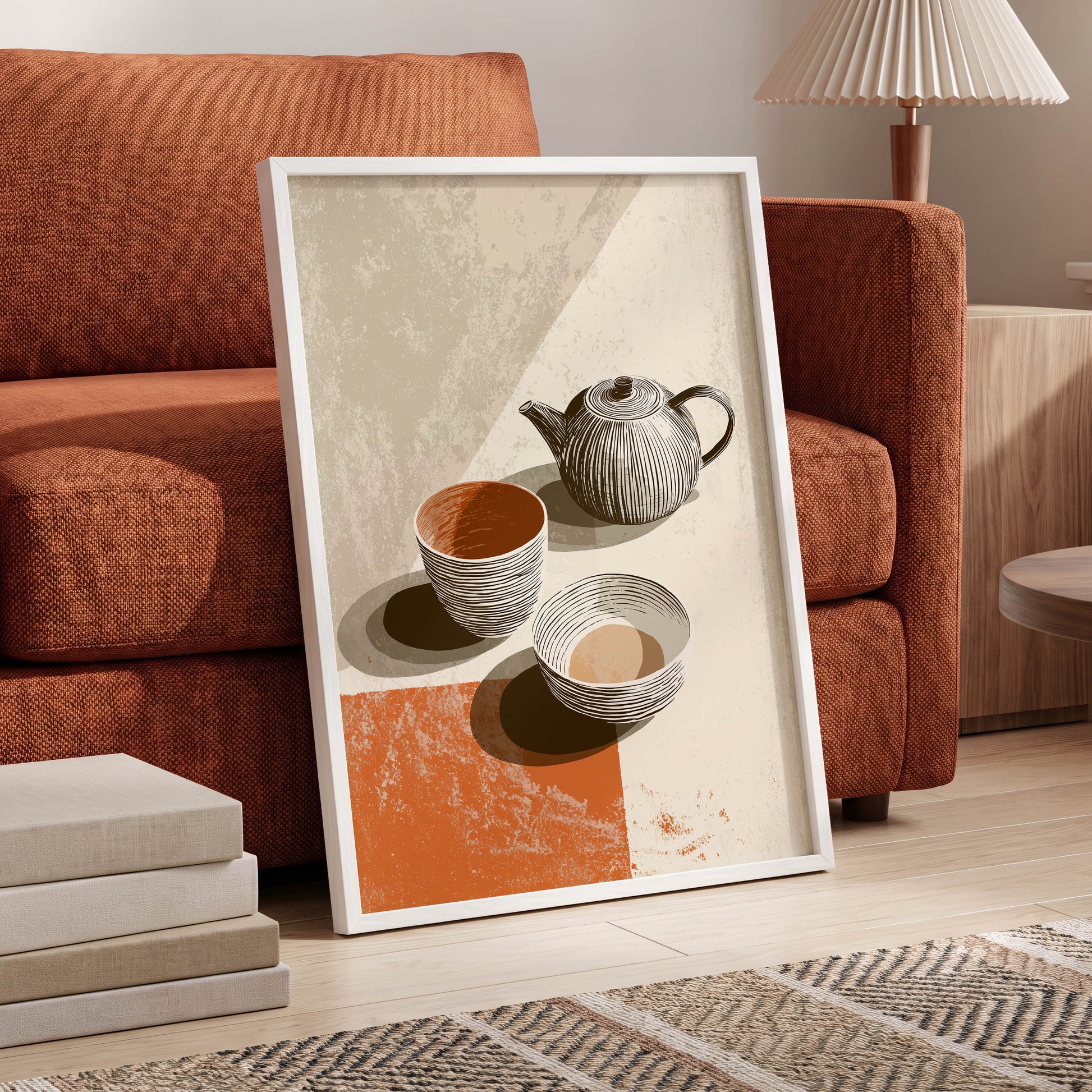 Sunlit Tea Still Life, beige, white, brown minimalist wall art displayed in a styled interior, gallery view 6